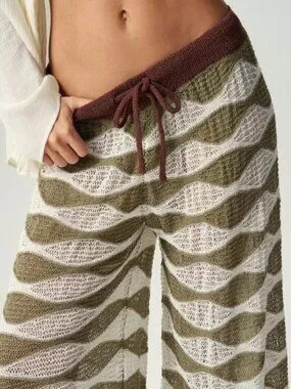 ZARA Olive Green Casual Women's Hollow Out Ripple Knit Long Pants